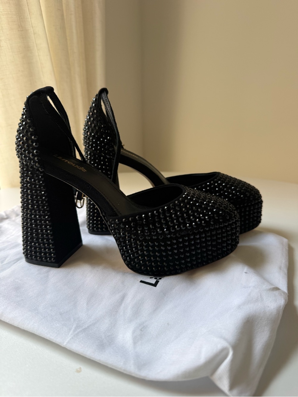 Larroude Black Sequin Studded Platform Block Heel Pumps